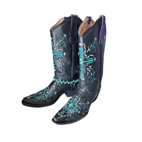 Beautiful Circle G Black Turquoise Embroidered Cross Western Boots Ladies 9M - Picture 3 of 6